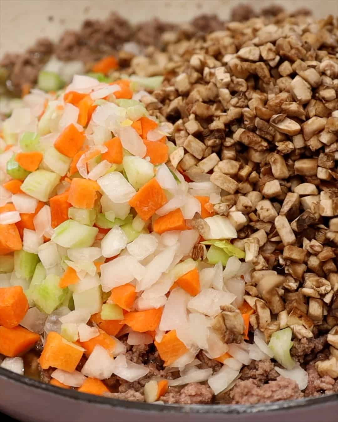 ADDED MIREPOIX AND MUSHROOM TO MEAT MIXTURE