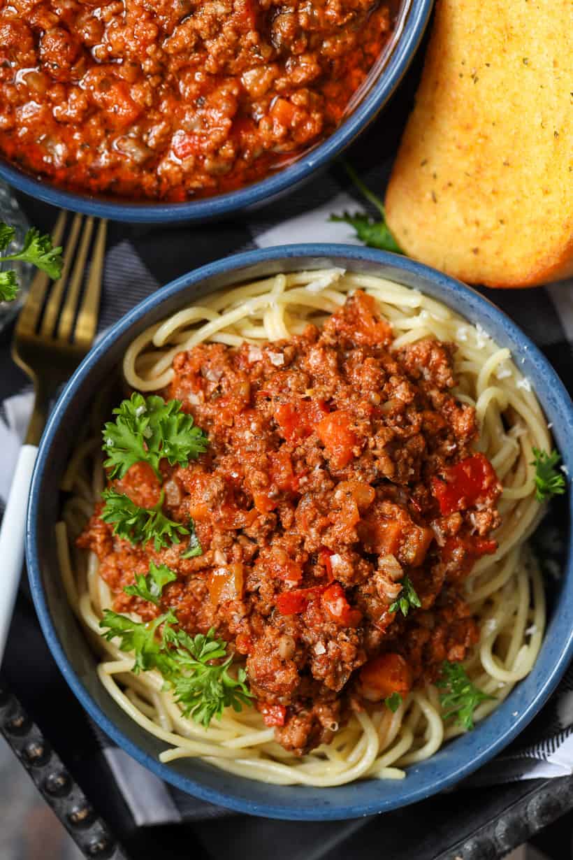 the best beef bolognese recipe in blue bowl
