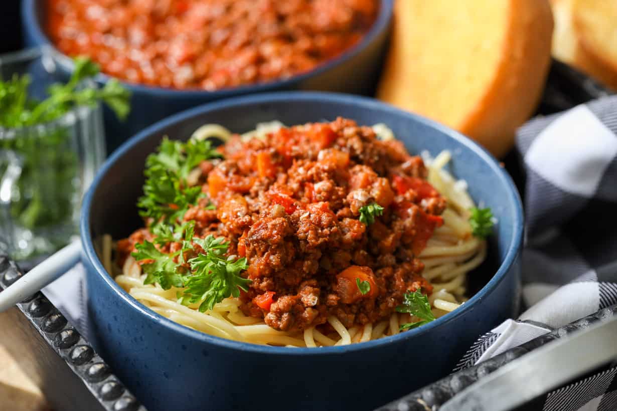 beef bolognese on bed of spaghetti