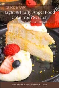 Angel Food Cake Recipe on black plate with fruits Pin
