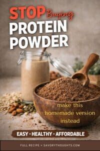 Homemade Chocolate Protein Powder in wooden bowl Pinterest Pin