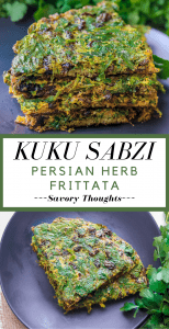 Kuku Sabzi – Persian Herb Frittata - Elegantly served as an appetizer or a main dish. Kuku or Kookoo Sabzi is one Persian recipe dish to try. A healthy Iranian food recipe casserole that's mixed with fresh green herbs, eggs, fruits, and nuts. A delicious Sabzi recipe, a Mediterranean dish that's a MUST have on your recipe repertoire.